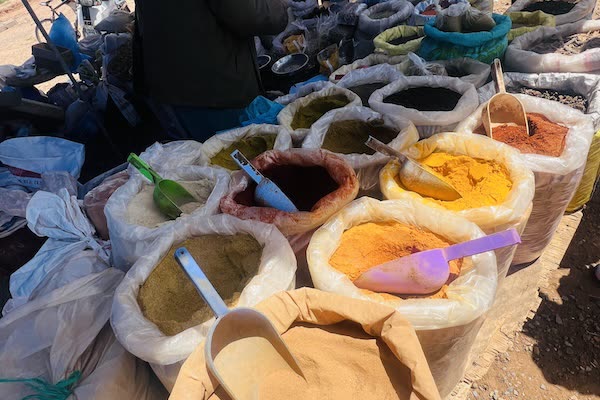 Monday souk market with spices in Mirleft, Morocco